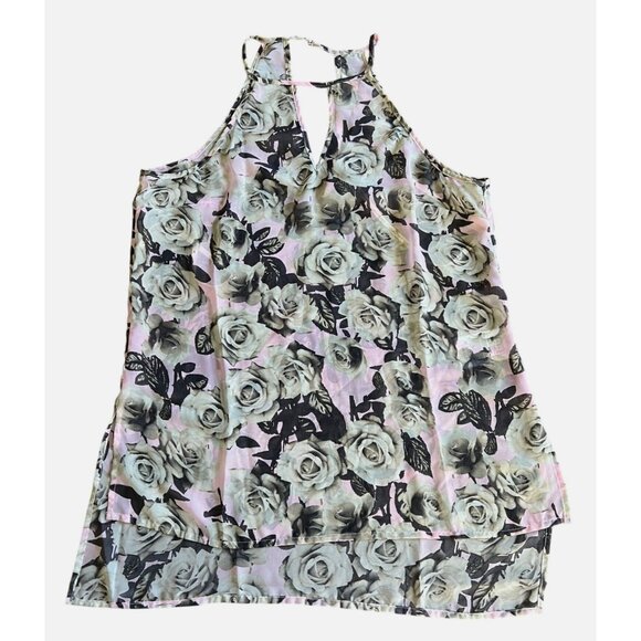 G By Guess Floral Halter Top With Keyhole Back Rose Print Pink & Gray Size Large - Picture 2 of 14